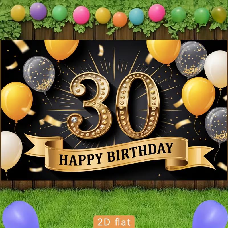 2D 30th Happy Birthday Backdrop, Black Background with Golden Number 30 and Balloons