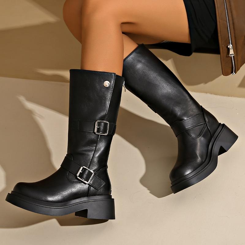 Retro Long Boots, Chunky Round-toed Fashion Boots, Plus-size Thick-soled Knight Boots, Women's Shoes