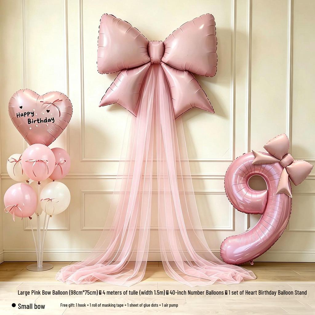 Girls' 5th & 6th Birthday Decor Set with Bow, Net Yarn, and Balloons for a Festive Photo Atmosphere