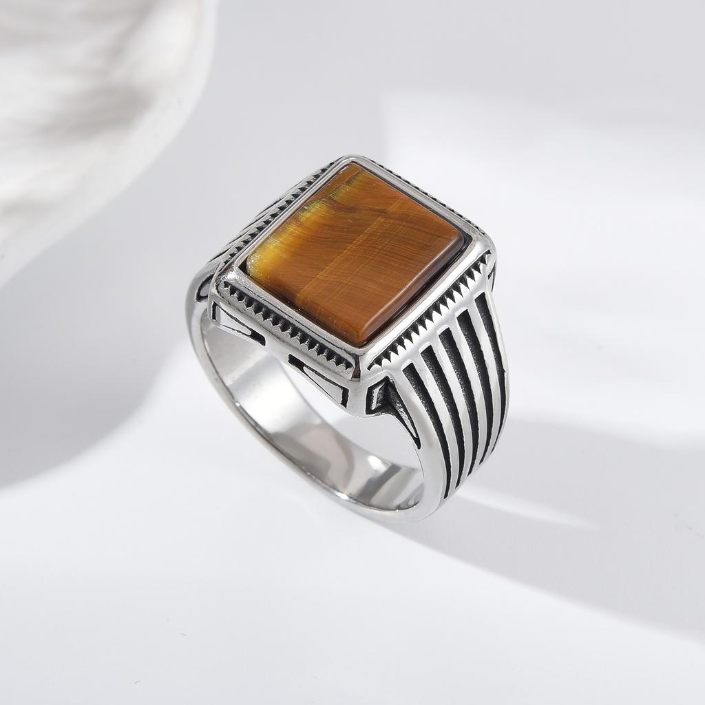 R3511 Exquisiter Mode-Herrenring aus Edelstahl mit Achat Tigerauge, Vintage, Direktverkauf ab Werk