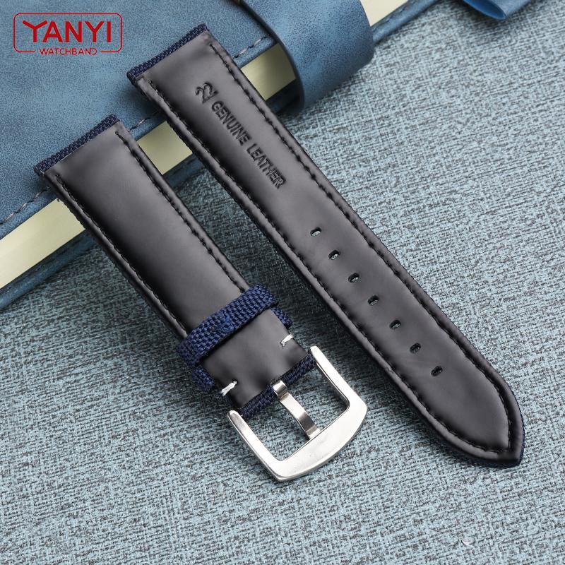 Nylon Watchband 22mm Leather Bottom Watch Strap for B-reitling M-ido O-mega Armani C-itizen Watches Band Canva Bracelet