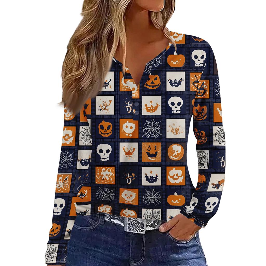 Women's Casual Long Sleeve T-Shirt with Halloween Print V-Neck Button for Parties
