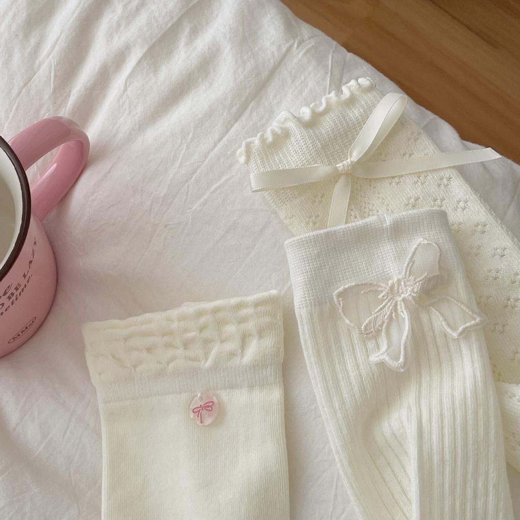 Lace Socks, Women'S Season, Thin Mid-Leg Socks, Bows, Love Pendants, Stacked Socks, Sweat-Absorbing Stockings