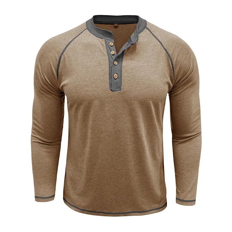 Men's Long Sleeve Henry Neck T-Shirt Fashion Sports Business Casual Tees Tops Man