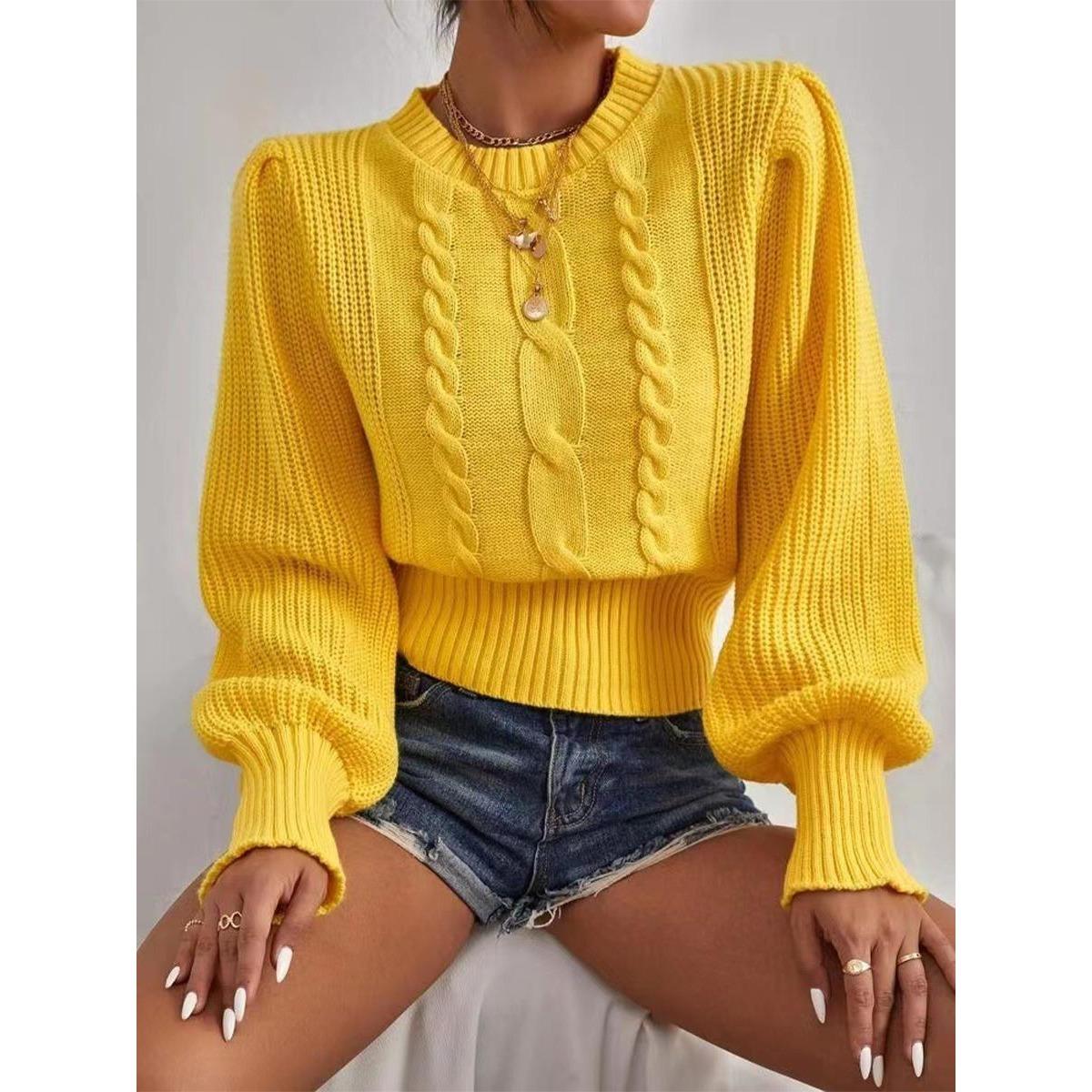 

Сплошной цвет вязаный свитер женский пуловер с круглым вырезом и рукавами-фонариками топ One size