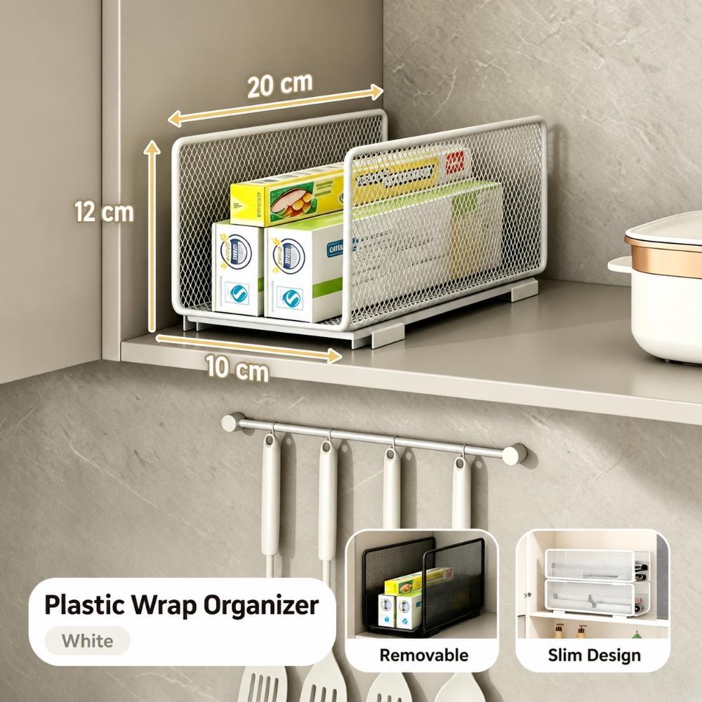 Stackable Kitchen Cabinet Organizer Rack, Iron Mesh Storage Shelf for Plastic Wrap, Paper Rolls and Boxed Supplies