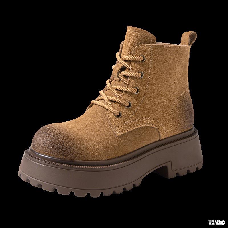 Fashion thick-soled heightening Martin boots women's 2025 autumn new retro thin polished short boots lace-up rhubarb boots