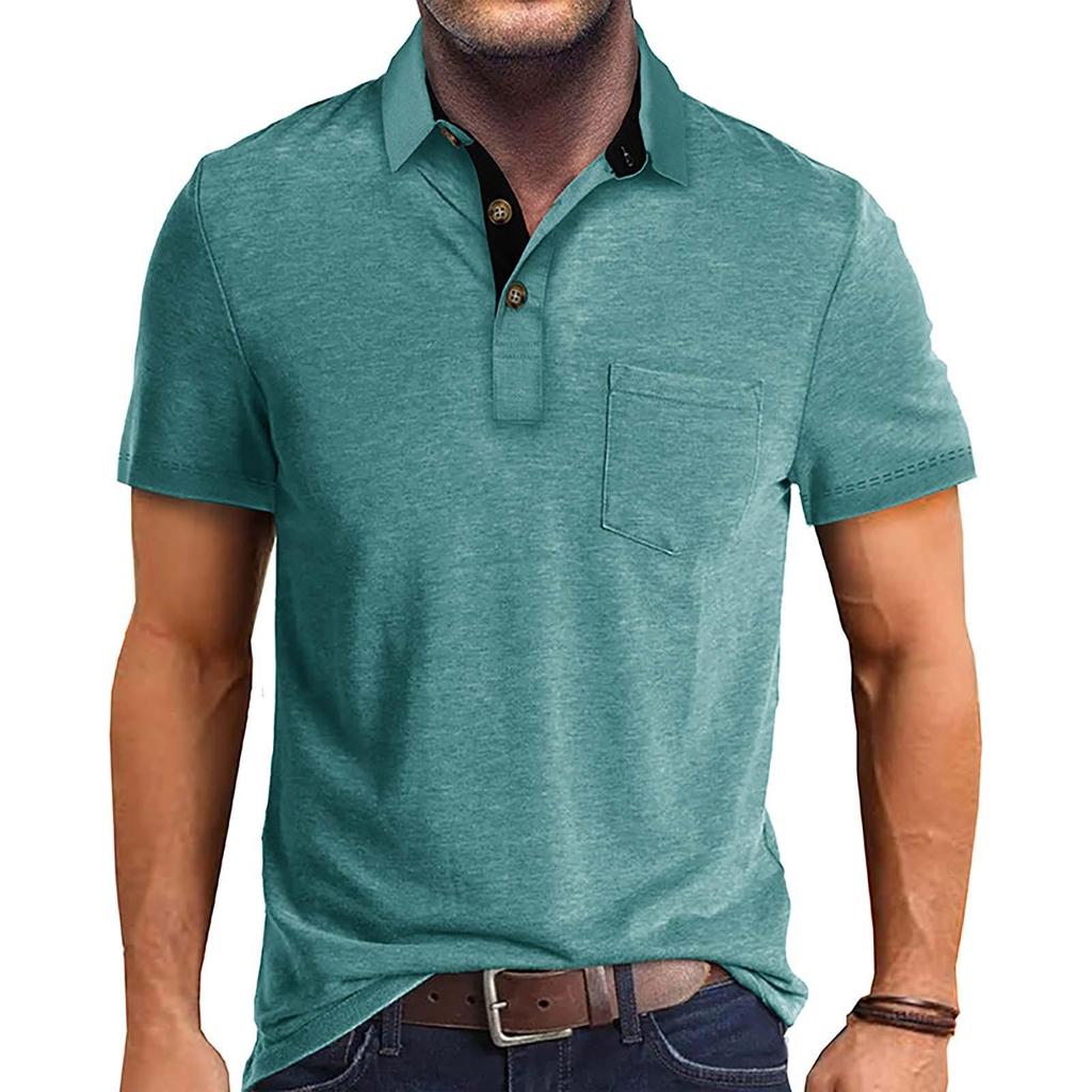 T-shirt estiva da uomo tinta unita con colletto aperto a 3 bottoni e top a maniche corte con bottoni