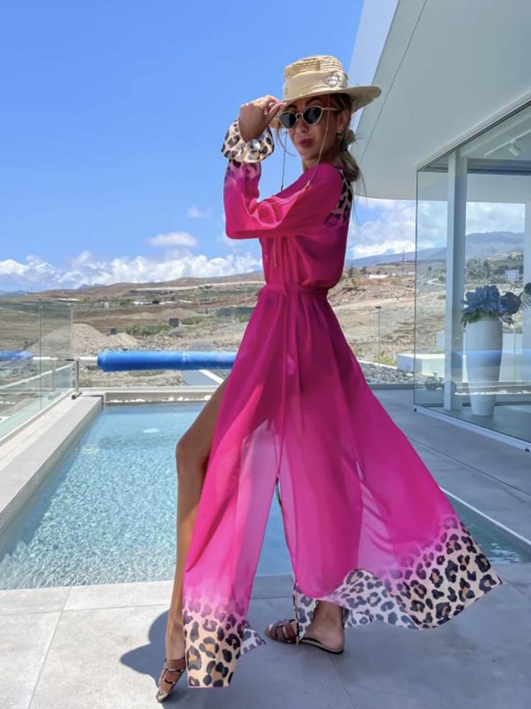 Leopard Print Beachwear Bathing Suit Coverup Plus Size Chiffon Long Sleeve Maxi Dress Open Front Kimono Cardigan Lightweight Tunic Belt Outfit A2705