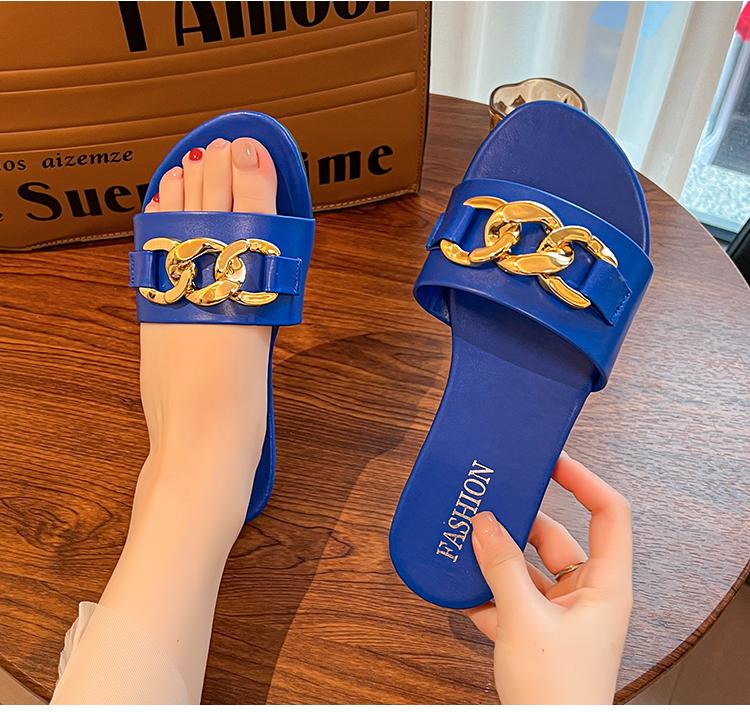 Fashion 2025 New Flat Leopard Women'S Slippers New European American Metal Chain Square Toe Flat Shoes Women'S Sandals Slippers Zapatos