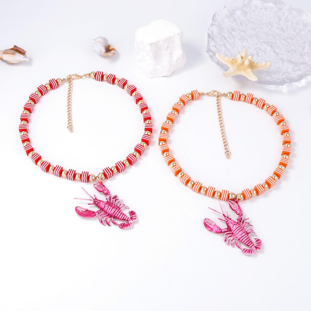 Simple and Fashionable Summer Fresh Ocean Wind Colorful Handmade Beaded Alloy Lobster Pendant Female Versatile Necklace