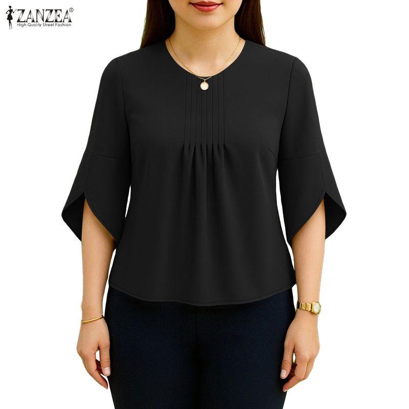 ZANZEA Women Casual Round Neck 3/4 Sleeve Loose Blouse