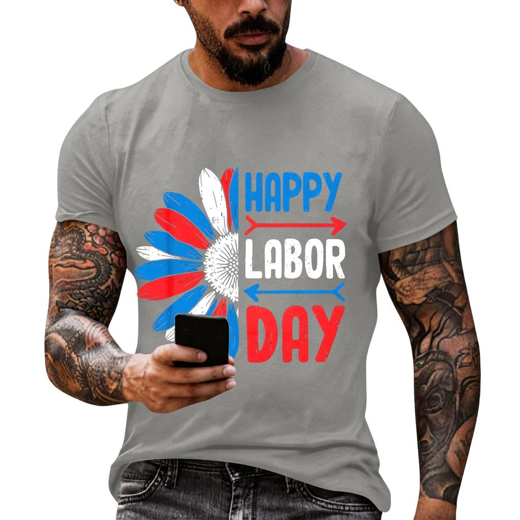 Men's Casual Loose Fit Short Sleeve T-Shirt Crew Neck Printed Graphic Tee for Labor Day Celebration Comfortable Everyday Wear