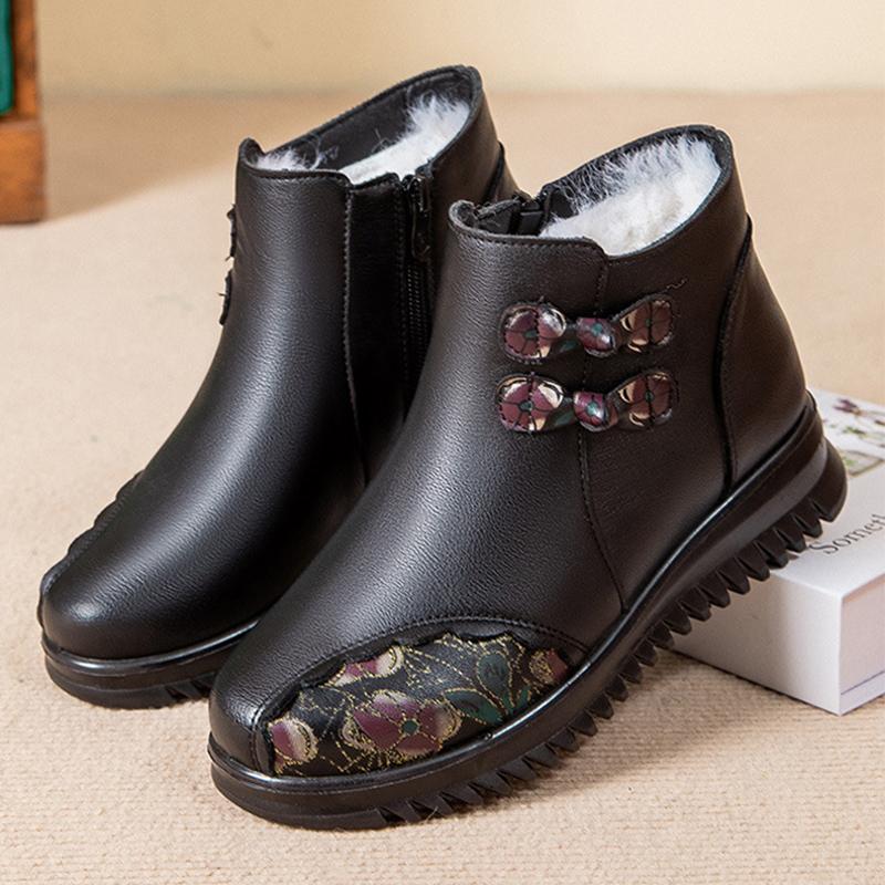 Winter Genuine Leather Shoes Women Snow Boots Waterproof Warm Plush Mother Shoes Ankle Boots Black Big Size 42 D670