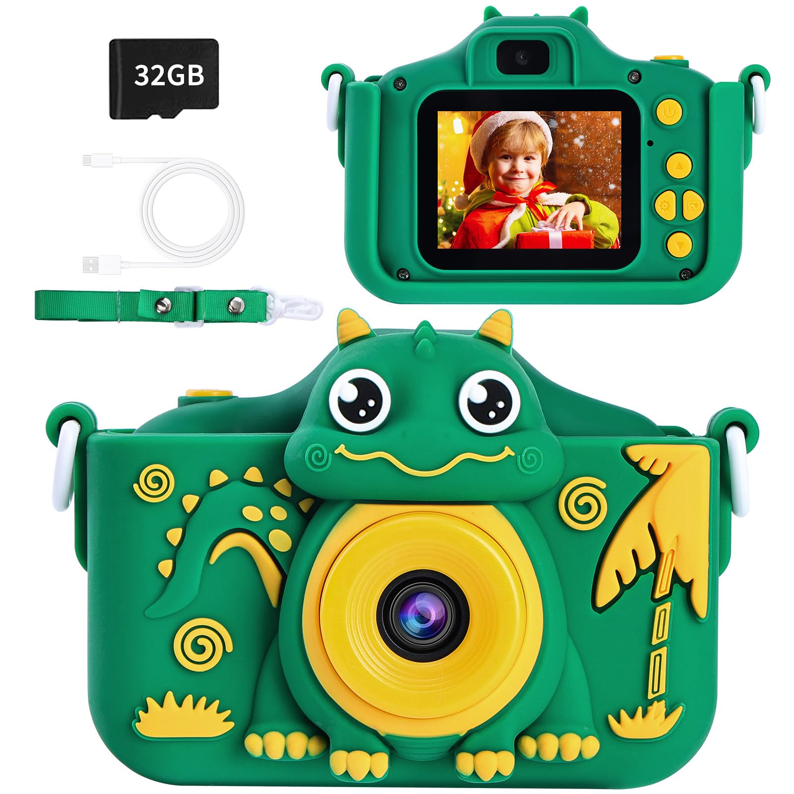 

POSO Kids Camera Dinosaur Type-C Charging 40MP 1080P HD Video 2.0-inch IPS Screen 32GB Card 8x Zoom Selfie Function Green Toy Camera for Ages 3-10