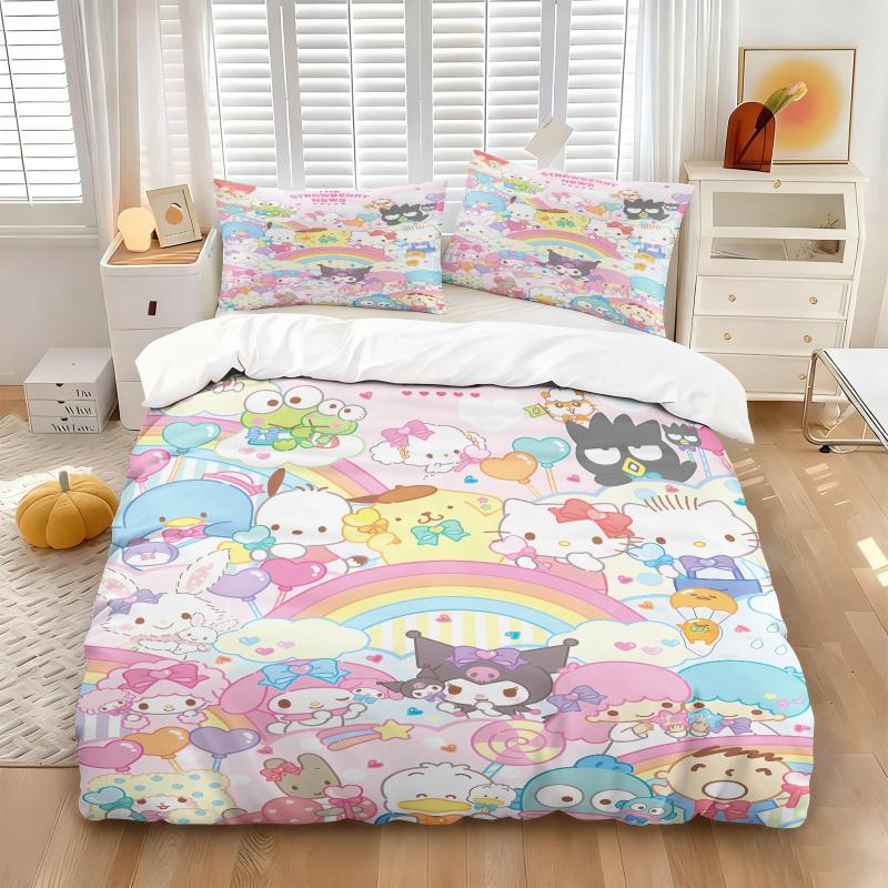 Sanrio Friends Pastel Rainbow Bedding Set Kawaii All-Over Print Duvet Cover Set With Pillowcases Girls Bedroom Anime Bed Linen