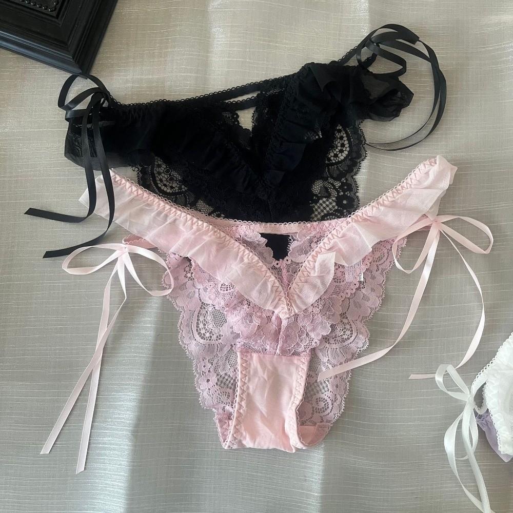 Mesh Ruffle Floral Bowknot Panties Bow Ribbon Underpants Lace Flower Transparent Briefs Lady