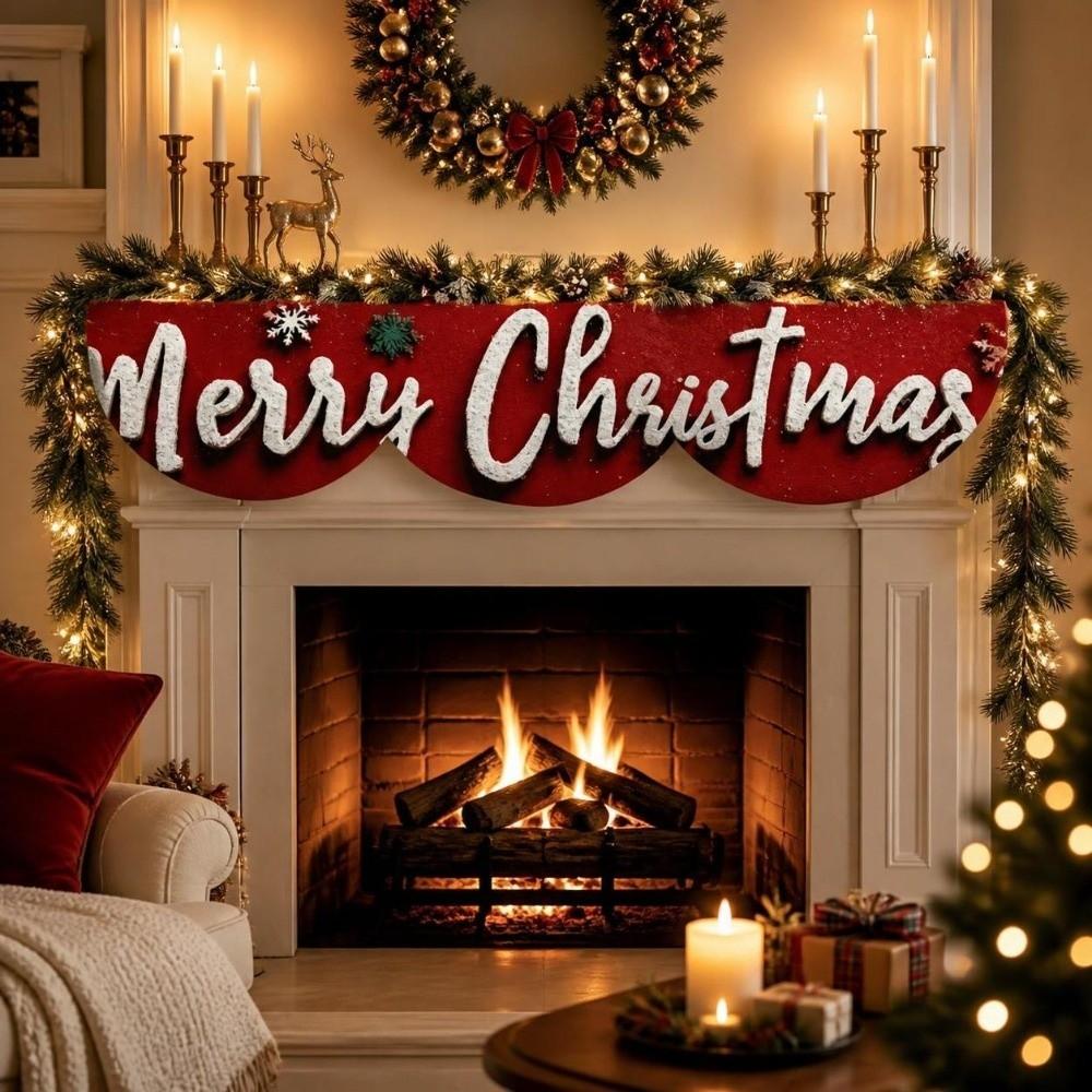 Santa Claus Mantel Topper Snow Landscape Xmas Mantel Decor Fireplace Shelf Cover Winter Holiday