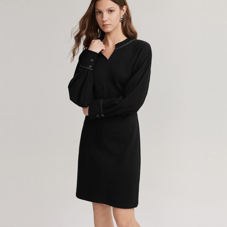 ELLE Elegant V-Neck Solid Color Midi Dress With Long Sleeves Women dresses Black EL48980