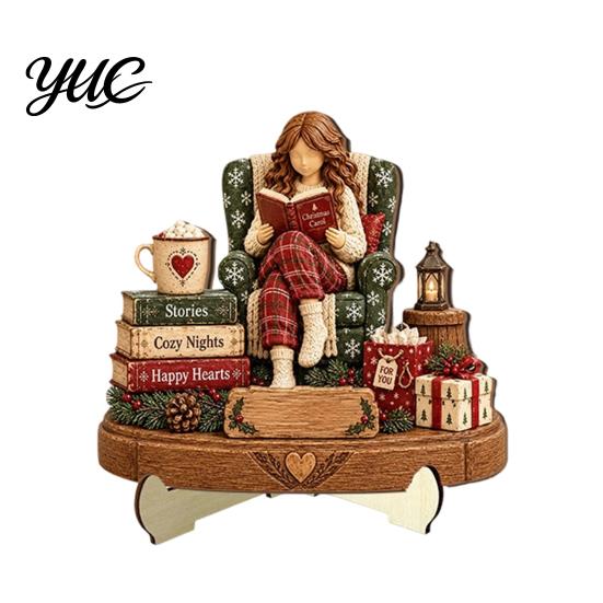 Christmas Shelf Decor Book Lover Gifts for Women, Just A Girl Who Loves Wooden Plaque, Holiday Ornaments 2D Flat Reading Block Sign with Stand