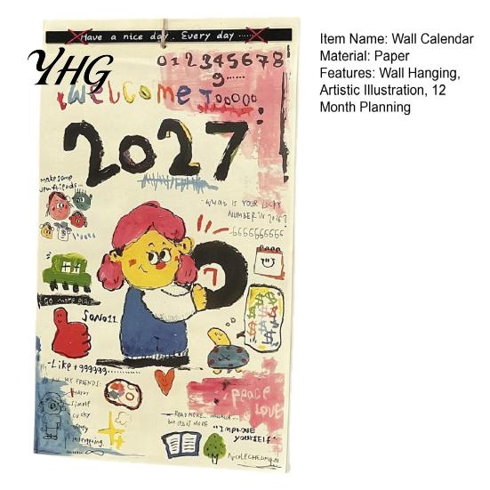 Academic Year Planner 2027 Hand Drawn Wall Calendar, Hand-Painted Graffiti Illustrations 12 Monthly Hanging Planner, Jan-Dec Calendar for Home Office
