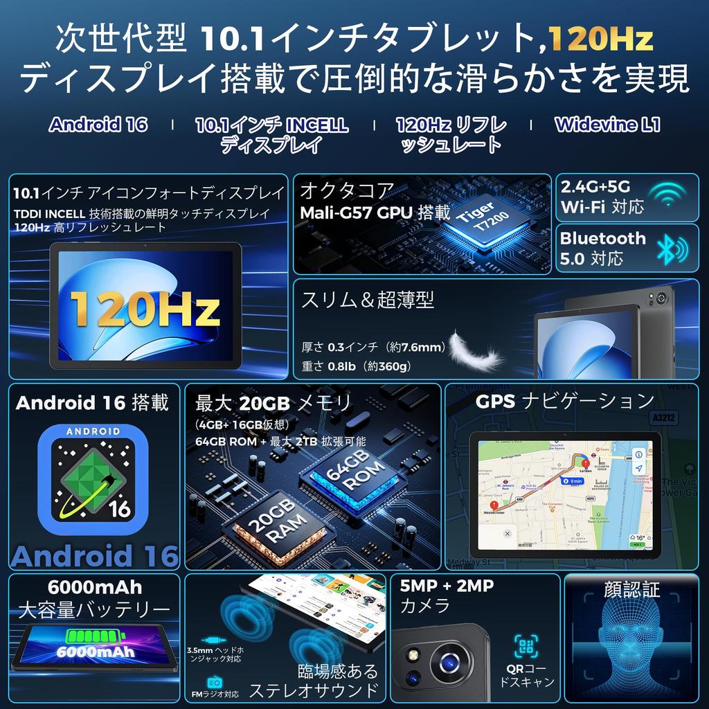 Android 16 Tablet with Dedicated High Refresh Gemini T7200 Slim and Widevine L1 Wireless Split FM Face Recognition Android Tablet 10-inch Case120Hz