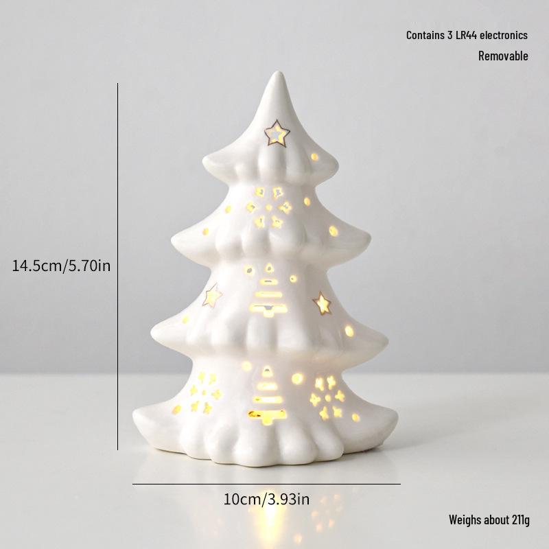 Ceramic Christmas Tree Night Light with Gold-Edged Hollow Stars & Snowflakes - Home Festival Decoration