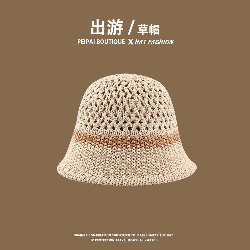Women's Straw Hat Woven Sunshade Beach Hat Summer Hollow Breathable Bucket Hat Beach Sunshade Hat