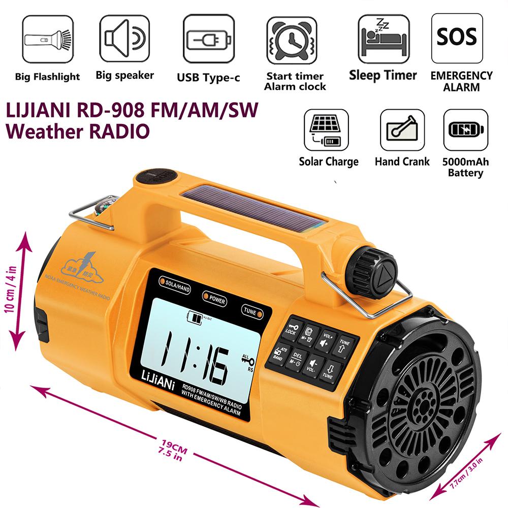 

Аварийное радио 5000 мАч FM AM SW NOAA WB 4-диапазонное радио с метеопредупреждением, оснащенное компасом/пауэрбанком/фонариком большего калибра оранжевый