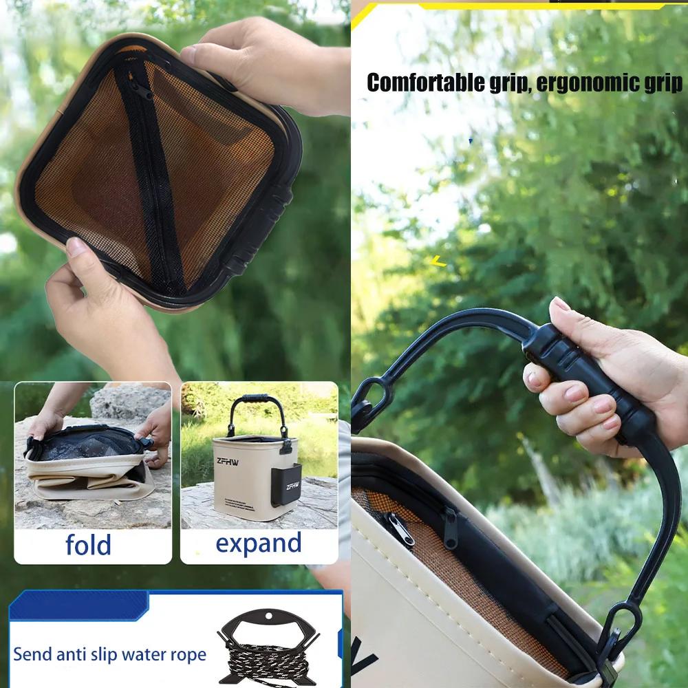 Portable Foldable Fishing Bucket Multi-functional Live Well Fish Keeper with Handle for Outdoor Travel Kayak and Beach Fishing