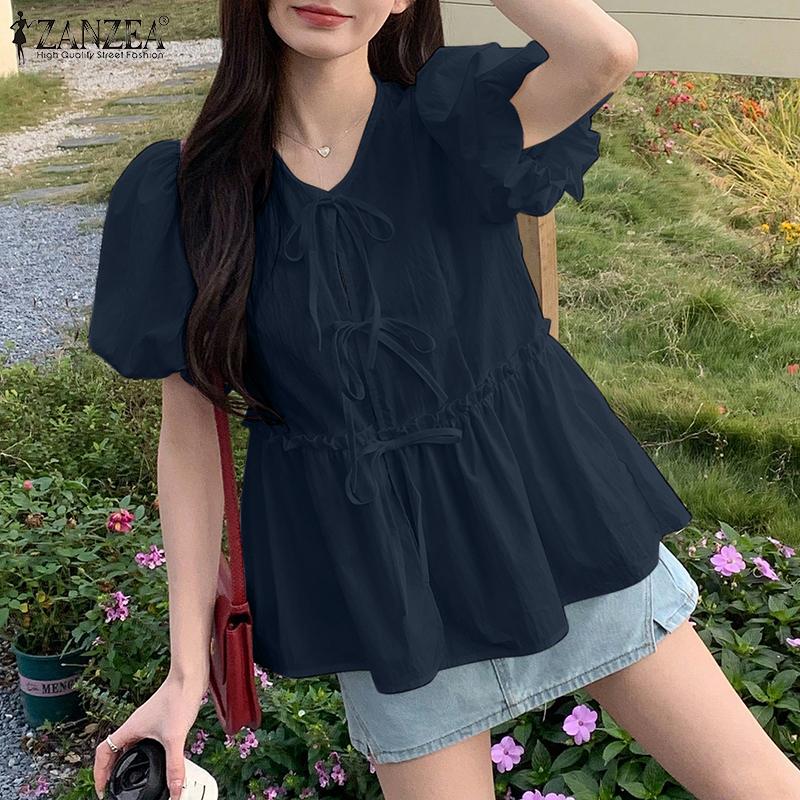 ZANZEA Bluză casual de damă cu șireturi, cu gât rotund, transparentă, de vară, cu mânecă scurtă