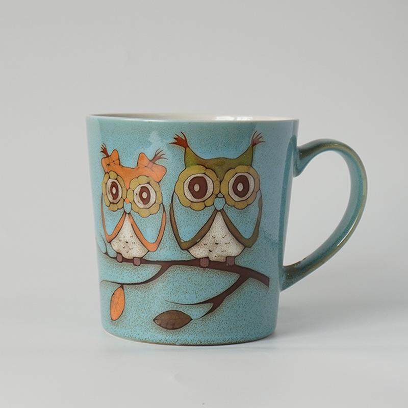 Vintage Owl Ceramic Mug Large Capacity V Shape Coffee Cup Ins Style Forest Theme