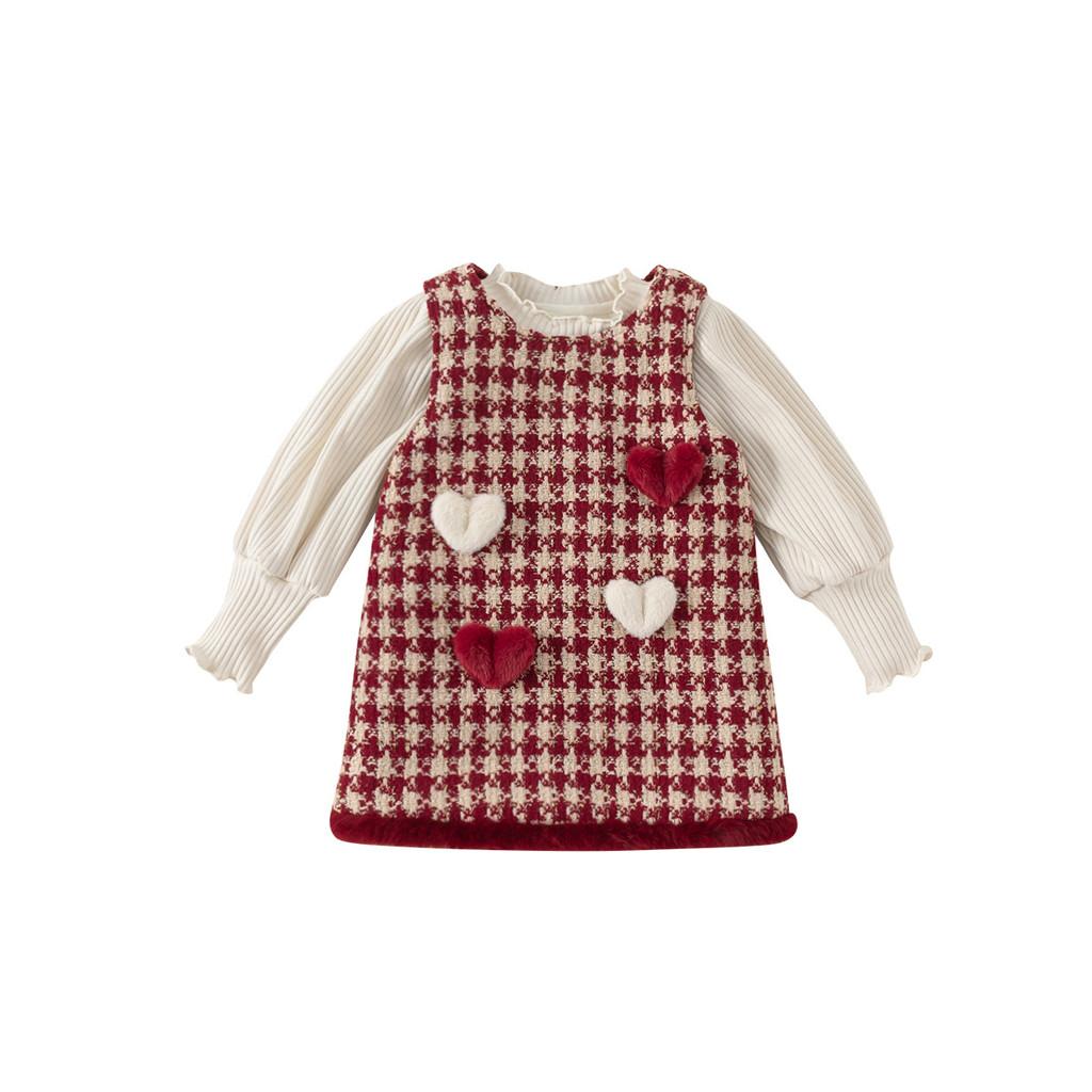 Heart Decor Red Houndstooth Thicken Vest Skirt Children Autumn Two Piece Set For Winter Holiday Celebrations