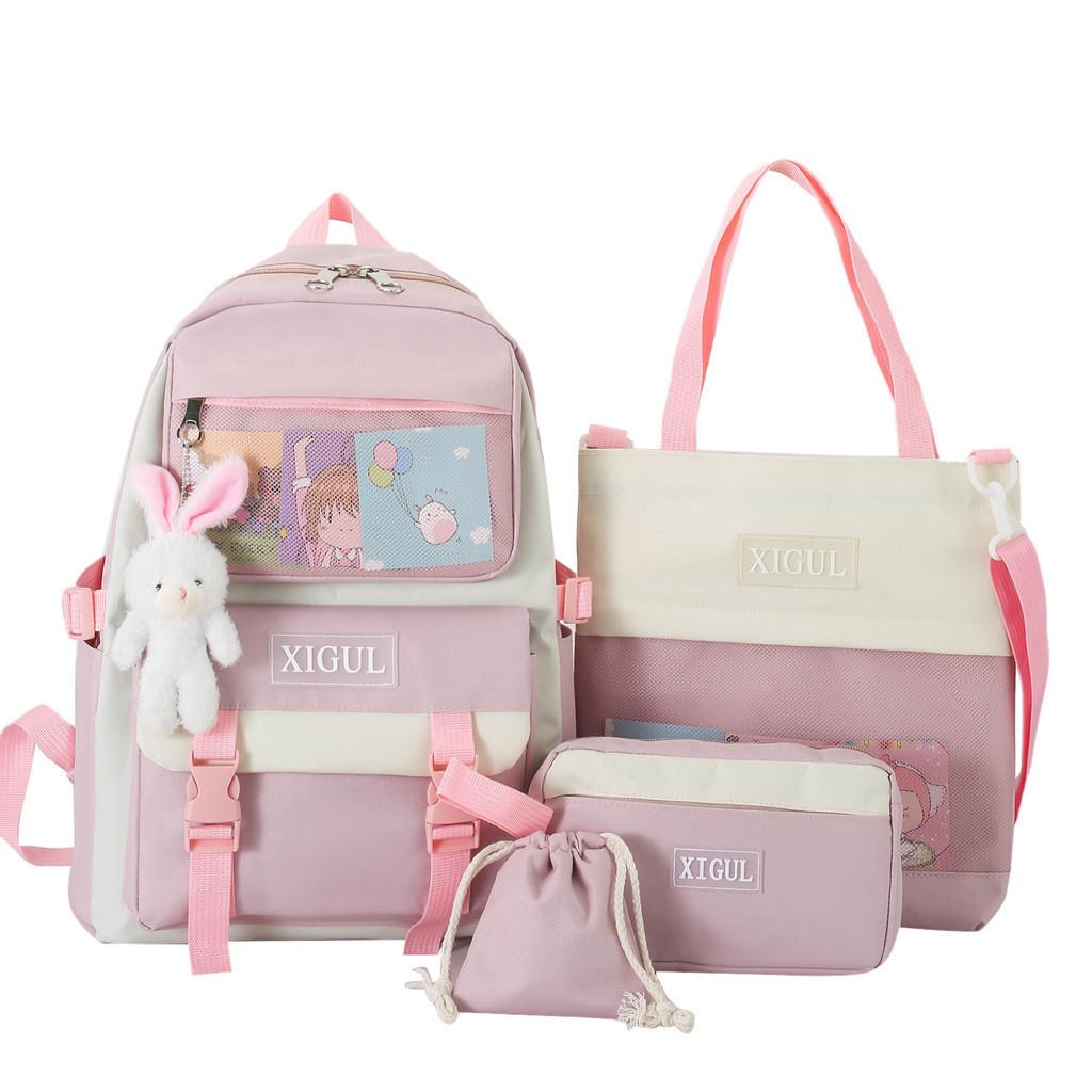 Cute Cartoon Student Backpack Set High Capacity Handbag Breathable Urban Style Polyester Fiber Animal Print School Bag розовый