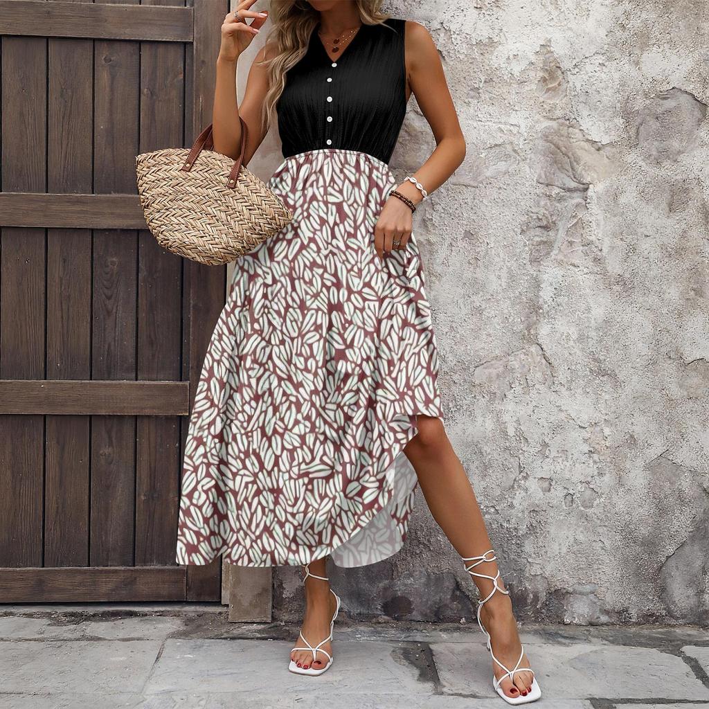 Women's Casual And Fashionable V-neck  Sleeveless Printing Mid Length Dress