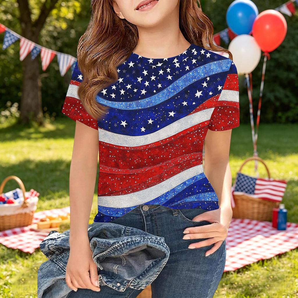 Girls Short Sleeve T-Shirt Independence Day Print Crew Neck Casual Top Lightweight Soft Fabric Comfortable Fit