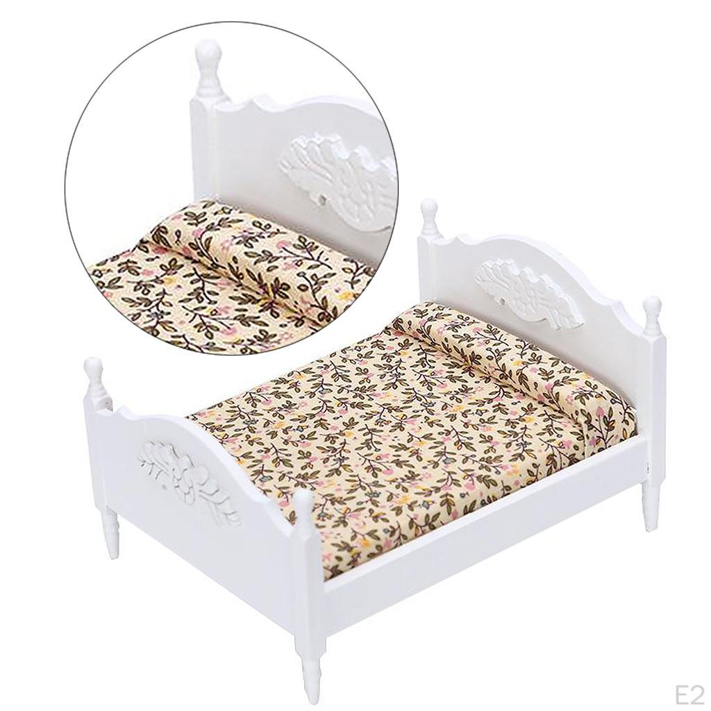 Miniature Birch Wood Upholstered Double Bed And Bedroom Accessories Furniture 1:12 Scale Doll House