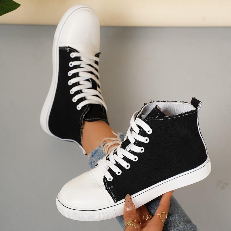 Women's Spring-Autumn Flat Lace-Up Casual Board Shoes, Fashionable Versatile Low-Top Canvas Footwear, Available In Large Sizes.