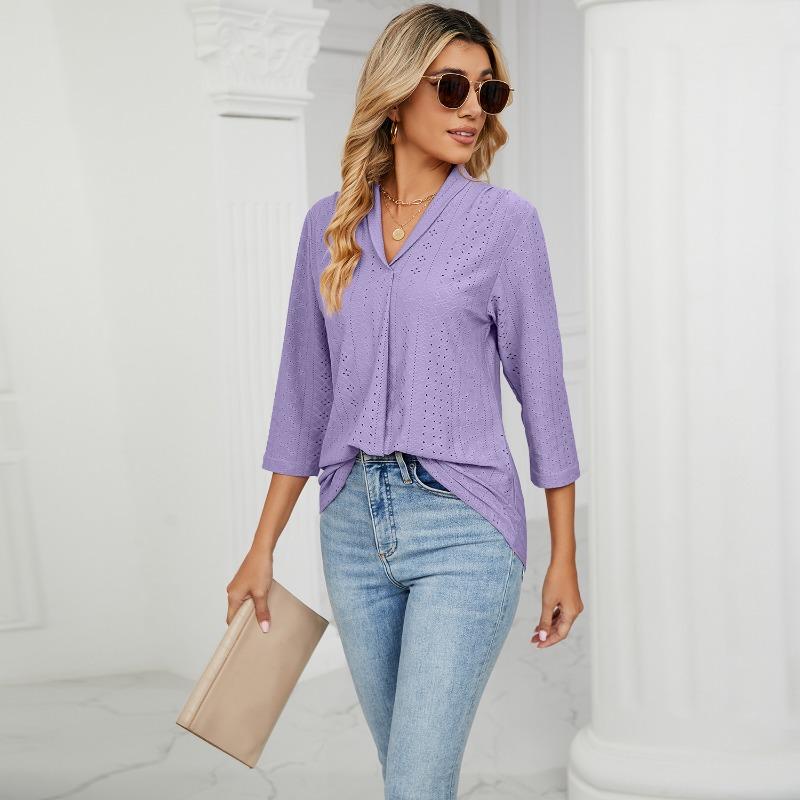 Neue Herbstkleidung für Damen, Jacquard-Oberteile mit V-Ausschnitt, T-Shirts mit mittleren Ärmeln