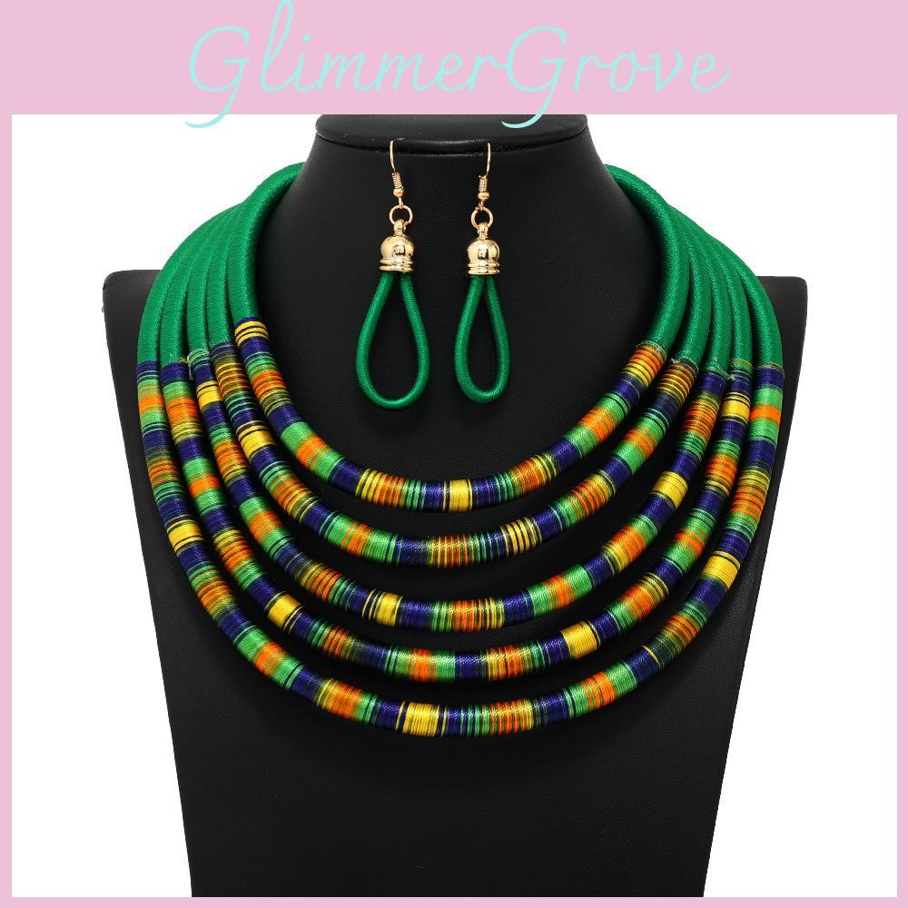 Multilayer Fashionable Women Beaded Chain Weaving Necklaces Ear Set Accessories