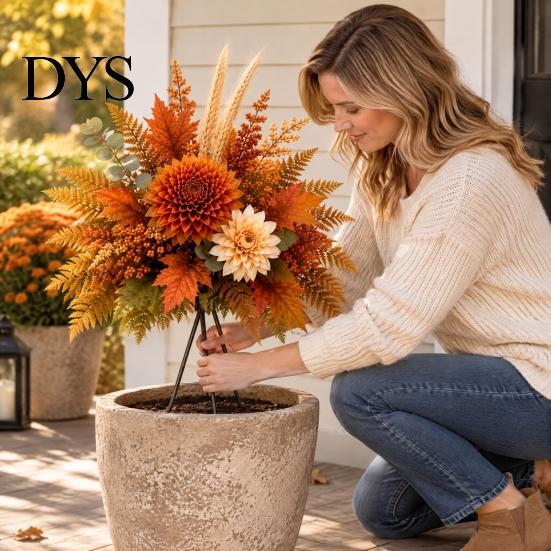 Indoor Outdoor Fall Garden Accents Autumn Harvest Artificial Flowers, Thanksgiving Floral Arrangement, UV Resistant Faux Flowers Theme Landscaping