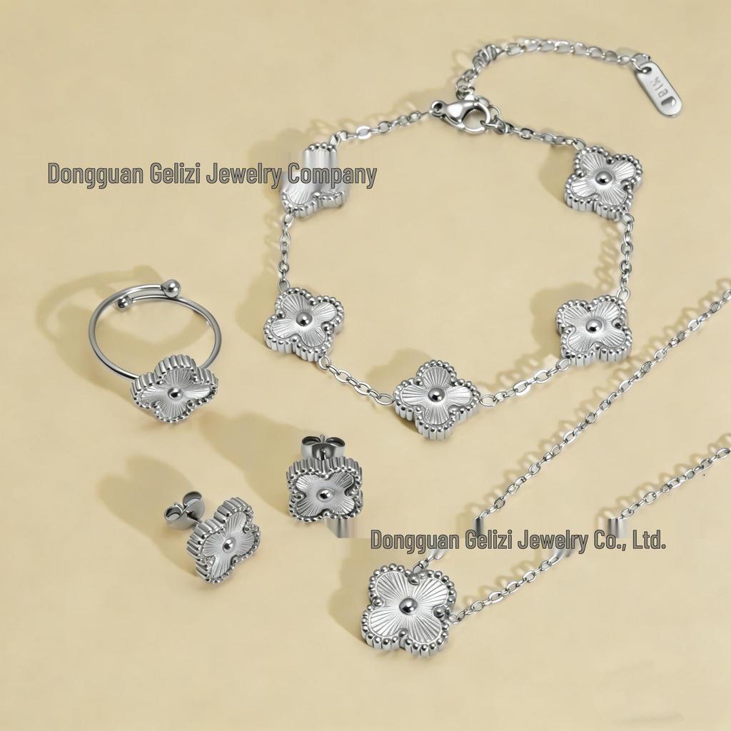 18K Engraved Stainless Steel Four-Leaf Clover Jewelry Set: Necklace, Bracelet, and Earrings