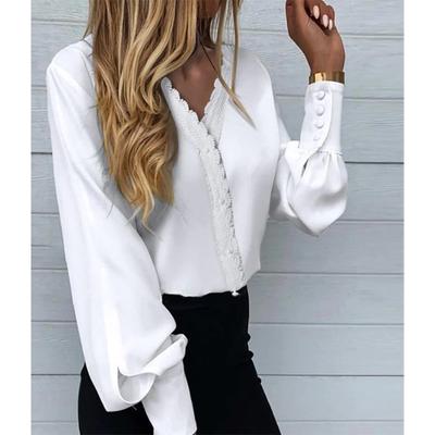 Herbst- und Winter Damen Langarm Bedrucktes Spitzenbesatz Shirt Top