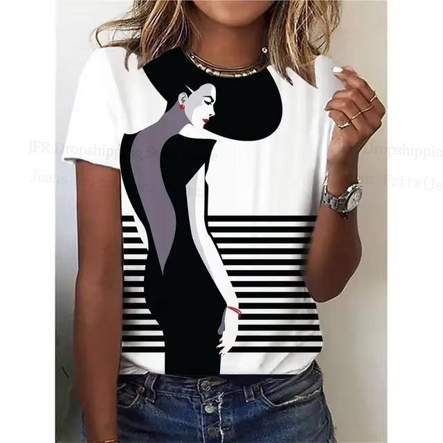 Summer Round Neck 3D Lady Face Graphic Print Top Fashionable Casual Short Sleeved Women's T-shirts