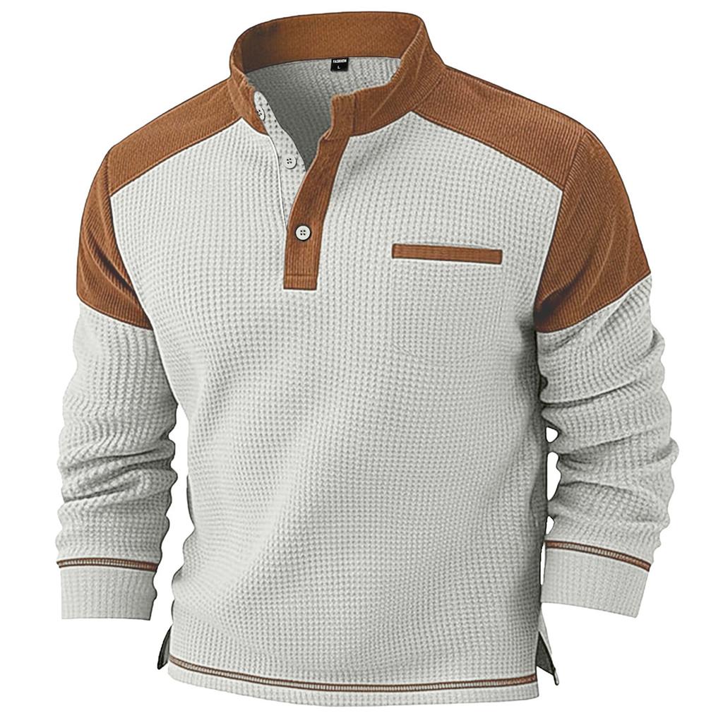 Mens Long Sleeve Knit Henley Shirt Pullover Casual Patchwork Top with Stand Collar