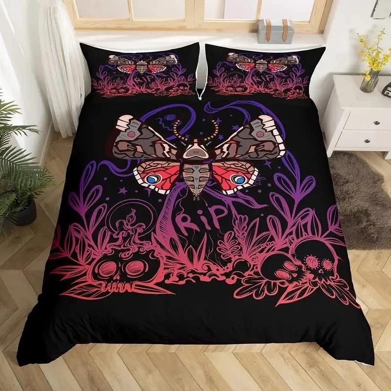 Death Butterfly Gothic Skull Duvet Cover Set Butterflies Skeleton Halloween Bedding Sets Ombre Hippie Comforter Cover King Size