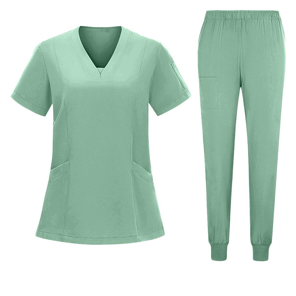 Women's Short Sleeved Color Round Neck Pocket Top Pants Work Clothes Two Piece Set