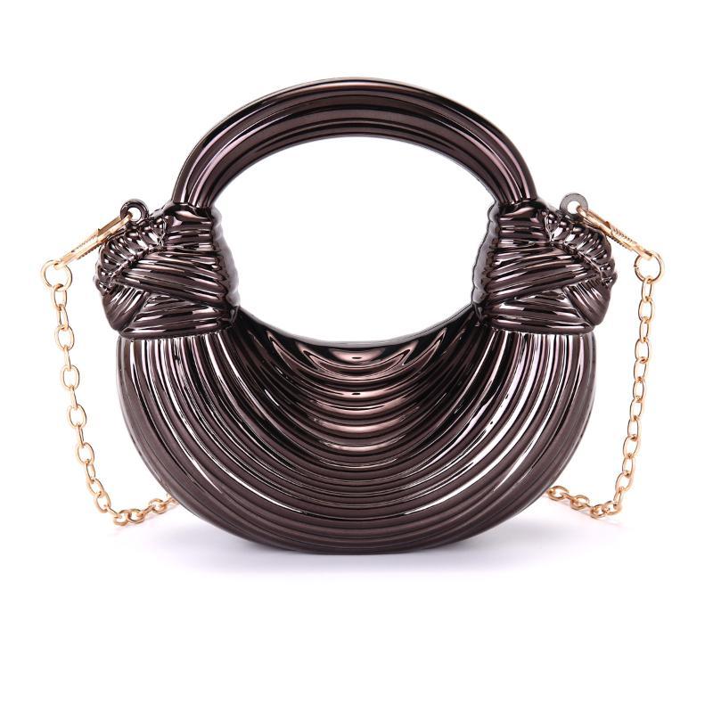 Metallic Crescent Clutch Bag Shiny Striped Design Detachable Chain Strap for Women Evening Wedding Cocktail Party
