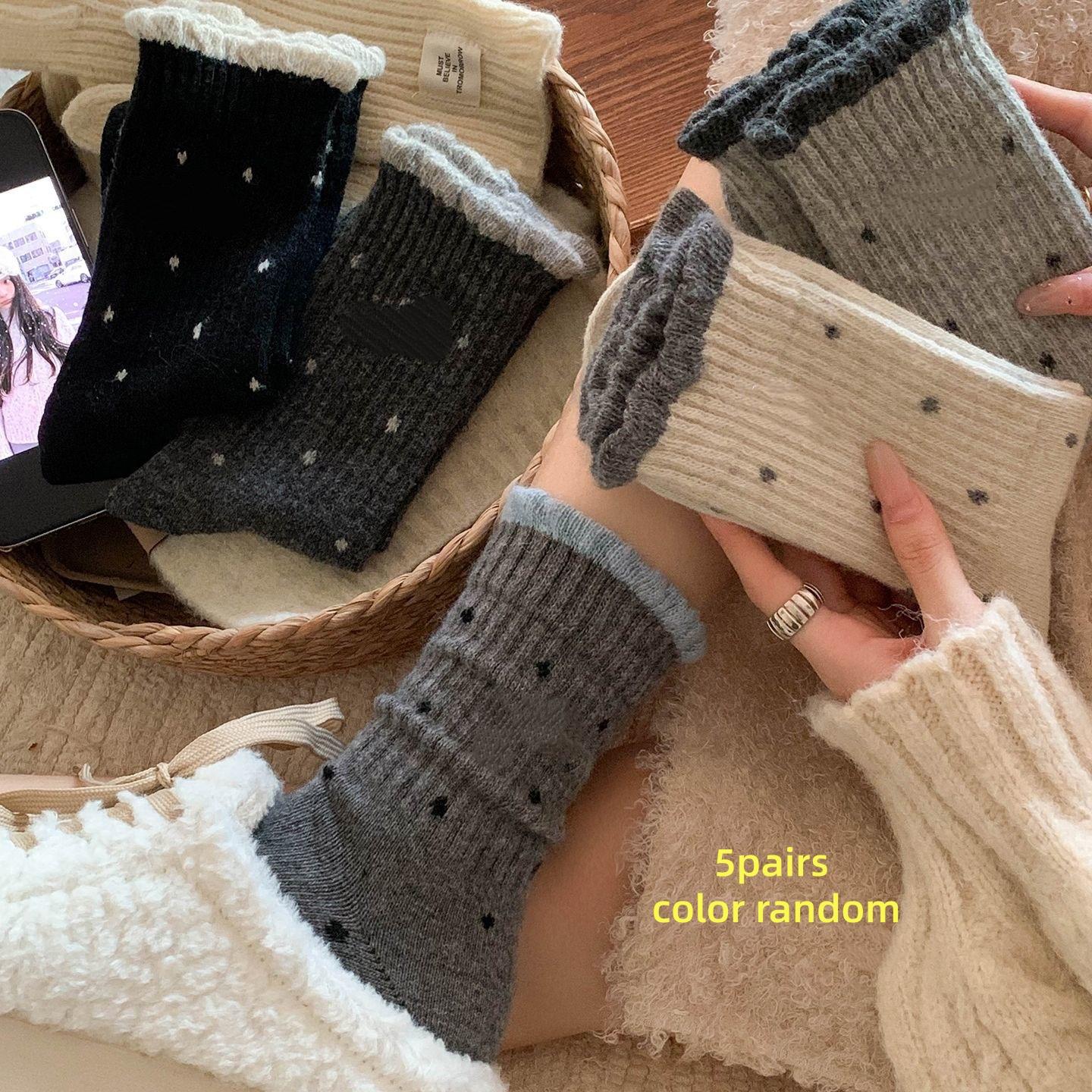 5 Pairs of Socks in Random Colors, Gentle Polka Dots, Gentle Lace, Versatile Long Socks, Retro Dopamine Wide-Mouth Outerwear Socks, Versat One Size