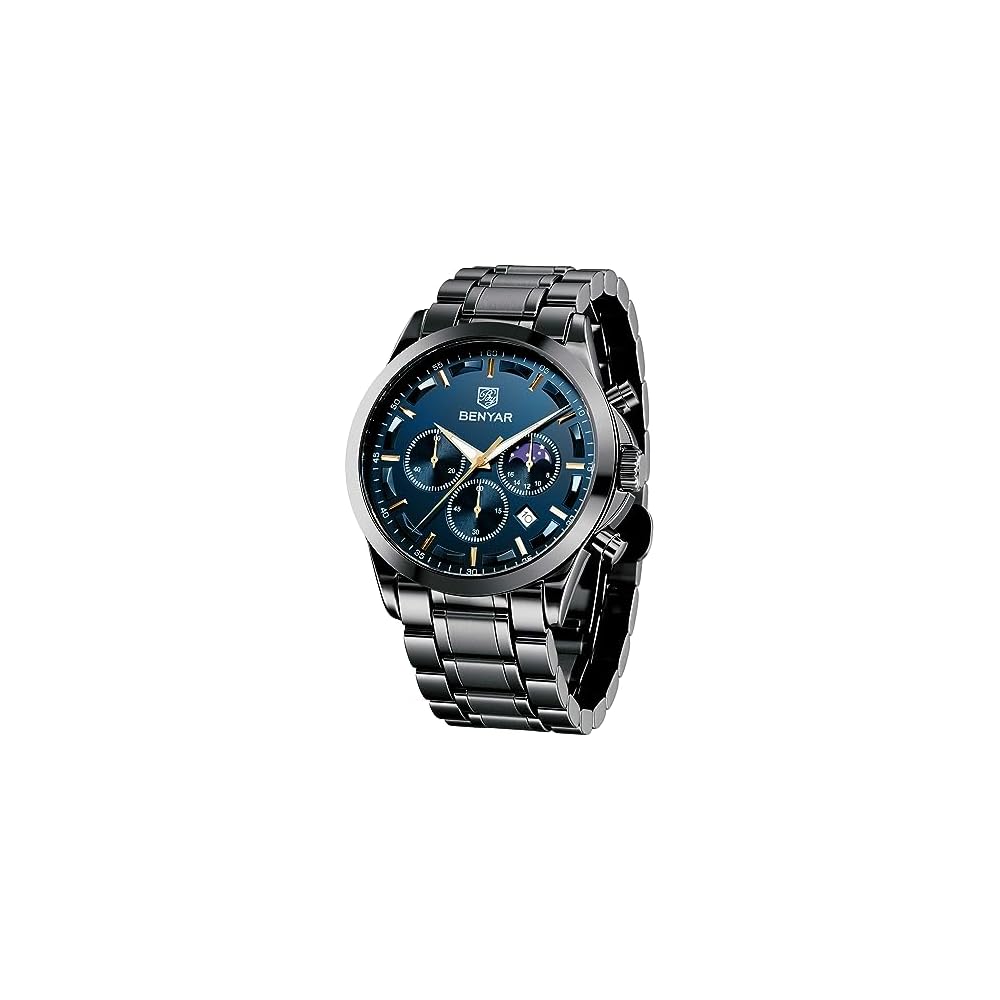 Benyarr Multi-Calendar Chronograph Men s Analog Watch Silver Blue Leather Strap Waterproof Scratch Resistant